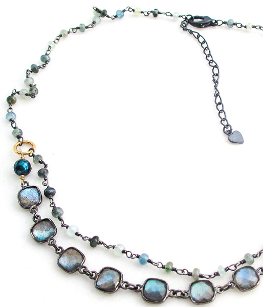 labradorite square moss aquamarine oxidized antiqued sterling silver necklace