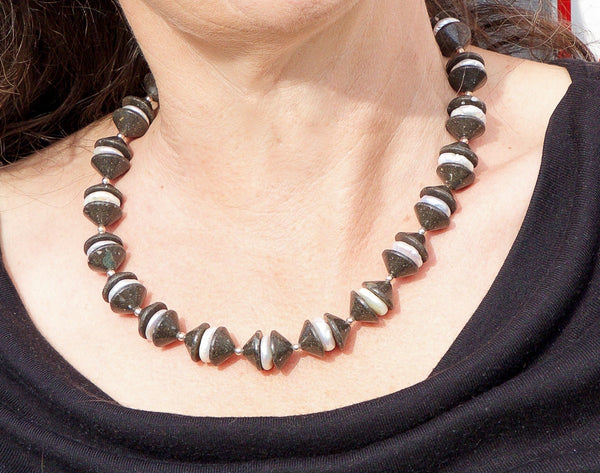 Einstein black paving stones handcrafted necklace with white pearls