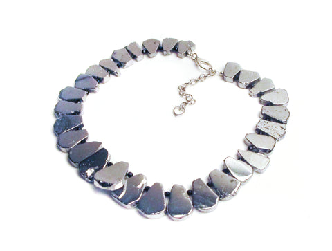 dramatic ruffle shiny silver statement necklace 18" inches titanium coated agate
