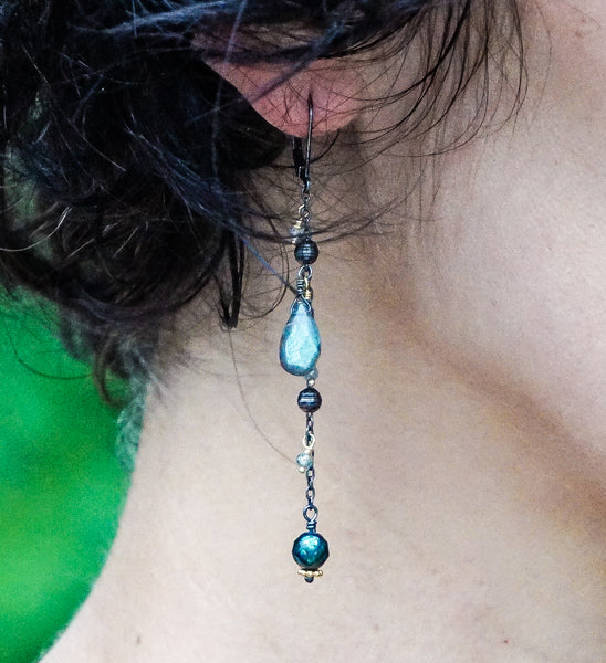 blue zircon labradorite teal pearl oxidized antiqued sterling silver earrings