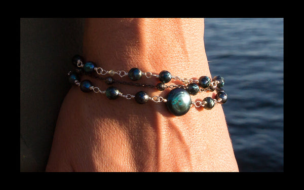 teal blue faceted pearl blue zircon sterling silver bracelet