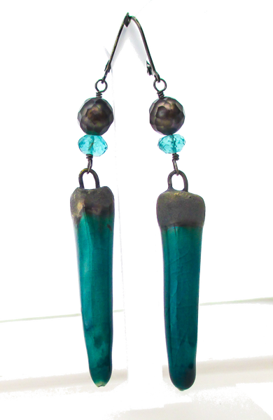 Aqua ceramic stonewear spike earrings oxidized sterling silver earrings faceted grey pearl apatite