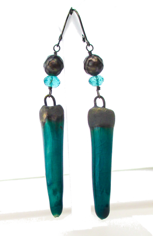 Aqua ceramic stonewear spike earrings oxidized sterling silver earrings faceted grey pearl apatite