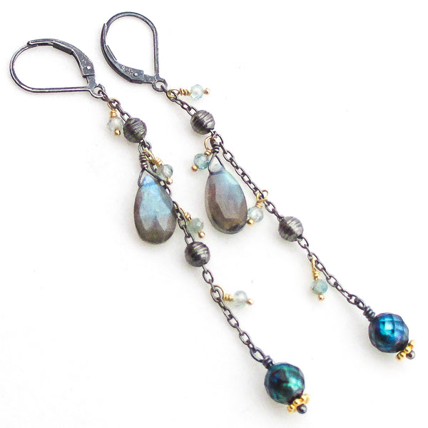 blue zircon labradorite teal pearl oxidized antiqued sterling silver earrings