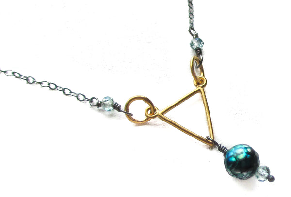 22k gold vermeil triangle necklace oxidized antiqued sterling silver chain blue zircon