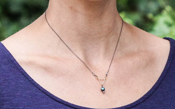 22k gold vermeil triangle necklace oxidized antiqued sterling silver chain blue zircon teal blue pearl