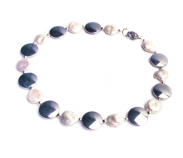 white coin pearl statement necklace silver disc fancy clasp