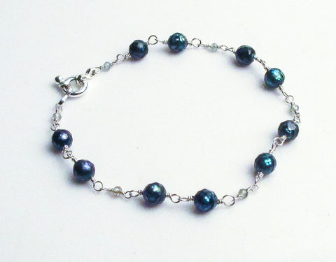 teal blue faceted pearl blue zircon sterling silver bracelet