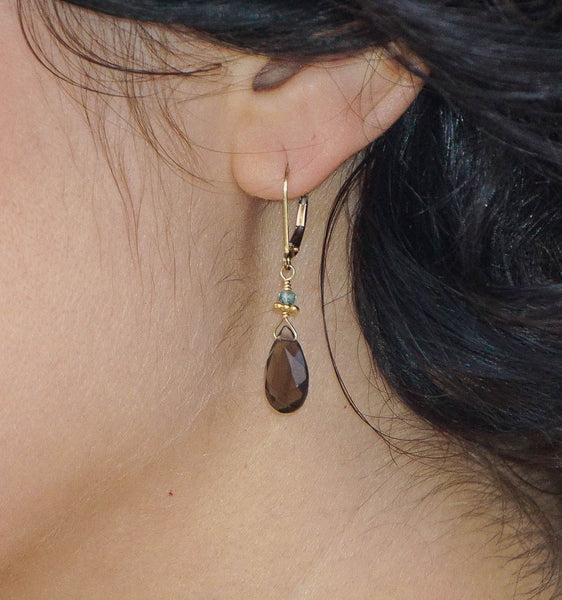 smoky quartz and blue zircon with 22k gold vermeil accents handcrafted lightweight earrings