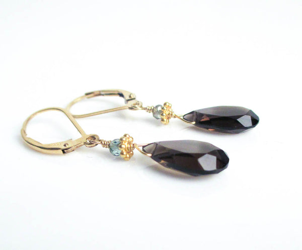 smoky quartz and blue zircon with 22k gold vermeil accents handcrafted earrings
