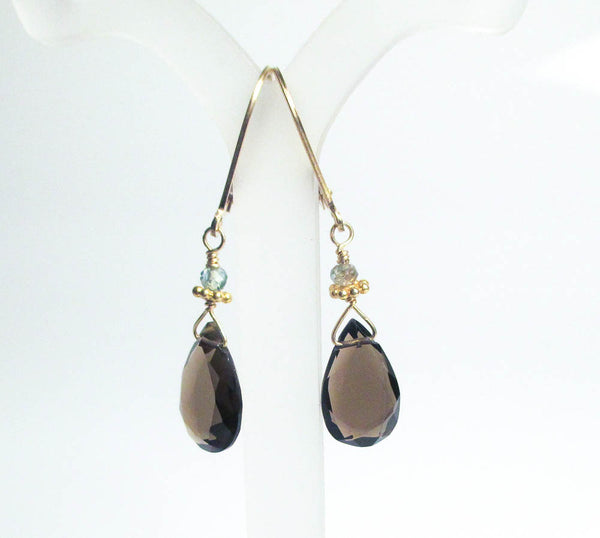 smoky quartz and blue zircon with 22k gold vermeil accents handcrafted lightweight earrings