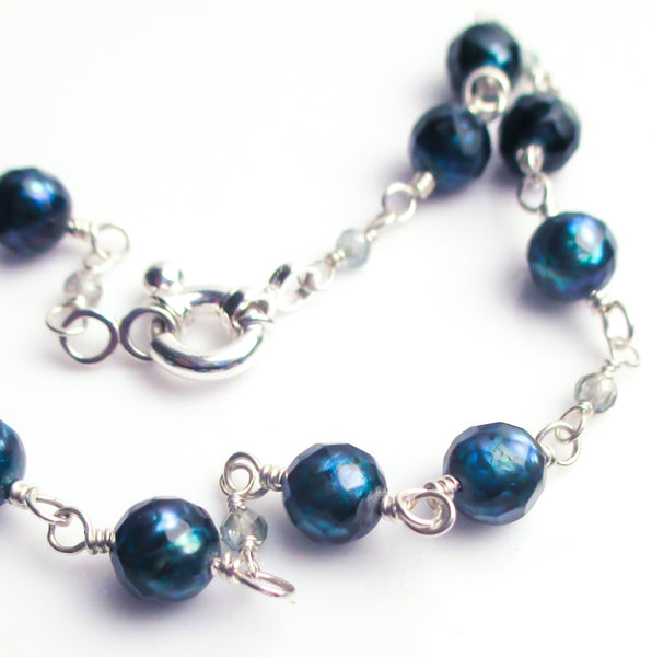 teal blue faceted pearl blue zircon sterling silver bracelet