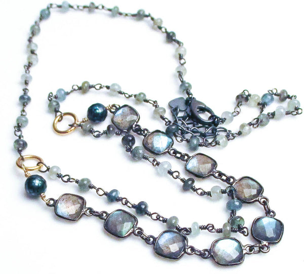 labradorite square moss aquamarine oxidized antiqued sterling silver necklace